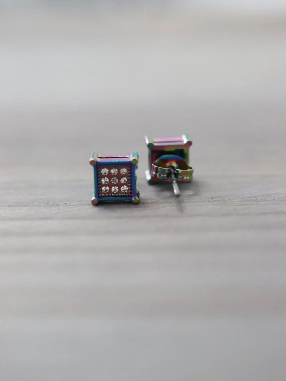 7mm Square CZ Micro Pave Style 4-Prong Stud Earrings Multicolor Stainless Steel